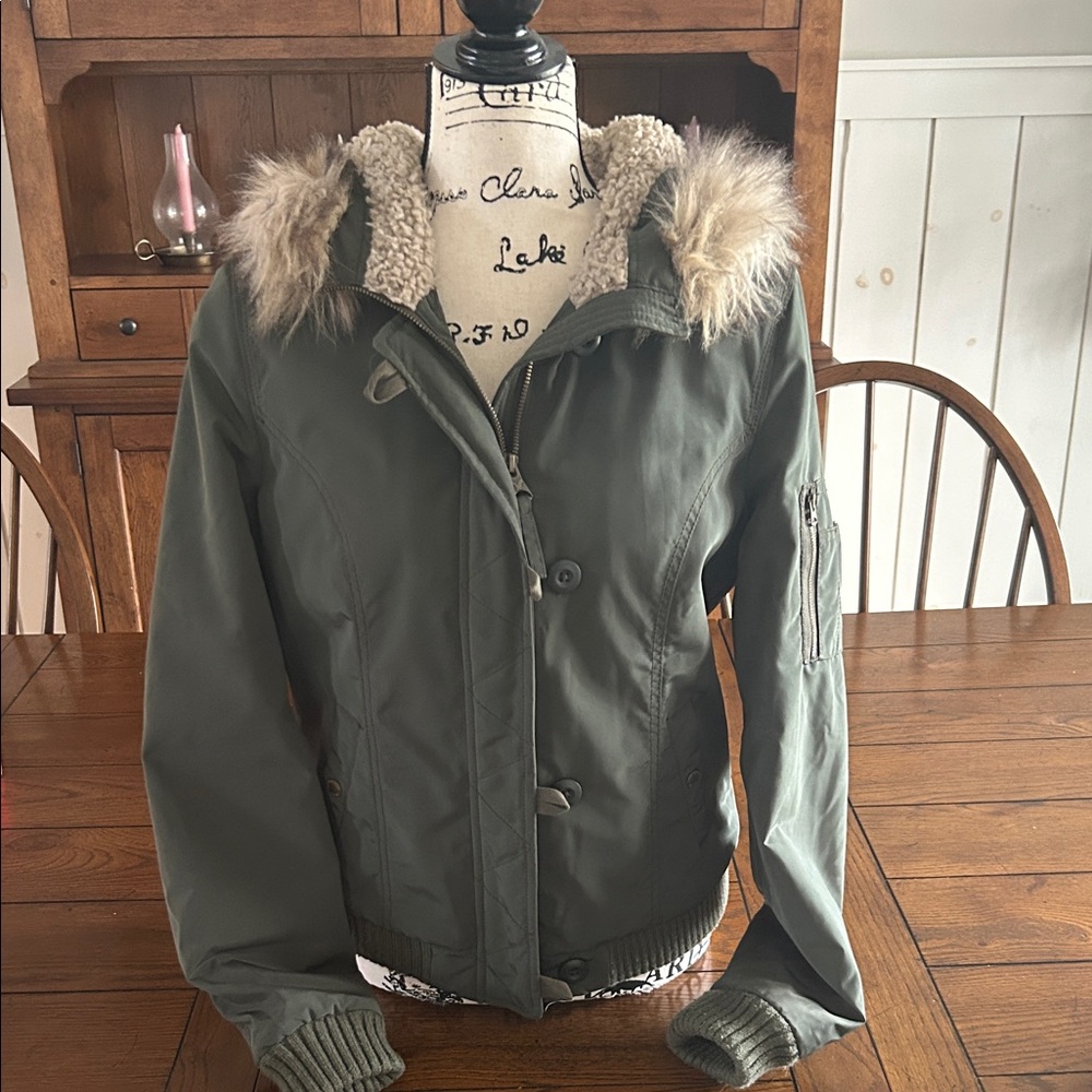American Eagle Outfitters Green Utility Jacket with Fur Hood